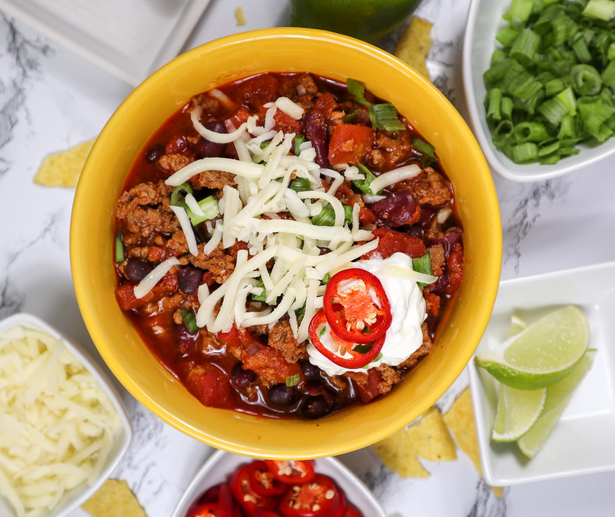 Bowl of Low Sodium Turkey Chili with Toppings