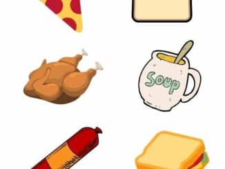 Graphic showing six high sodium foods, a slice of pizza, a slice of bread, a chicken, a cup of soup, a sausage and a sandwich