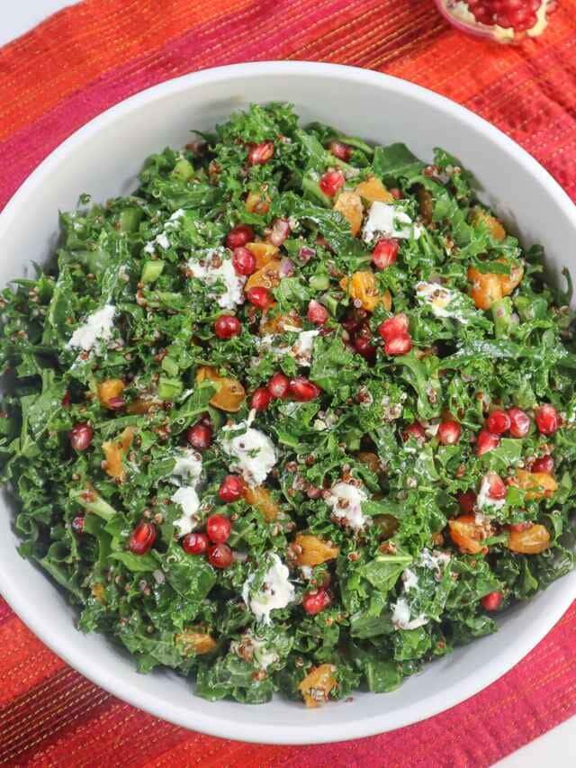 Low Sodium Kale Quinoa Salad with Oranges, Pomegranates & Goat Cheese