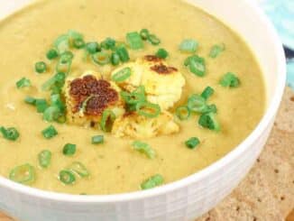 Low Sodium Spiced Cauliflower Soup in a White Bowl