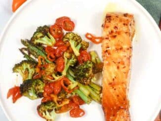 Salmon and vegetables on plate
