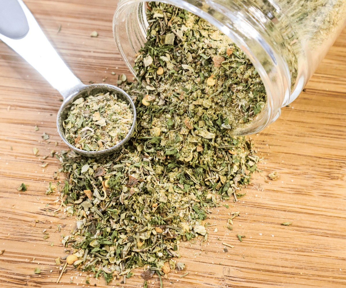 spice blend on cutting board in measuring spoon
